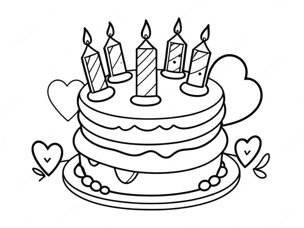 Bolo de aniversário com 5 velas para colorir