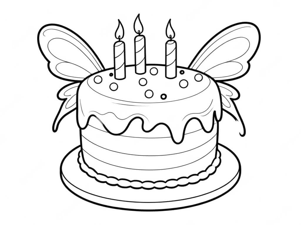 Bolo de aniversário com asas de fada para colorir