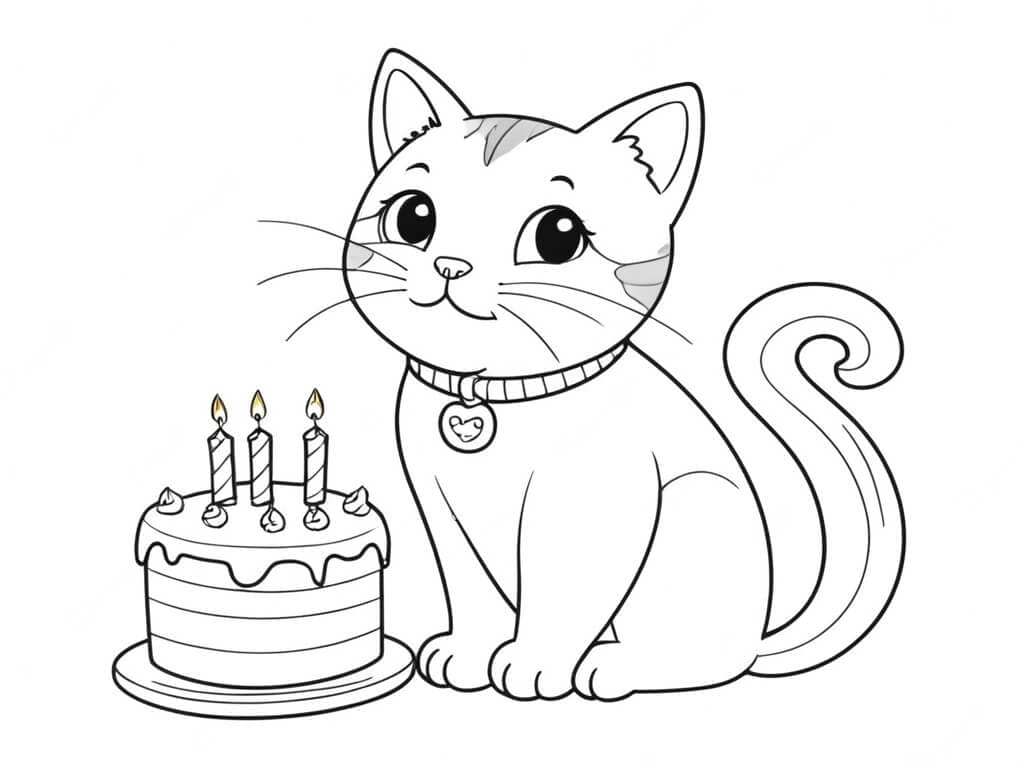 Bolo de aniversário do gato para colorir
