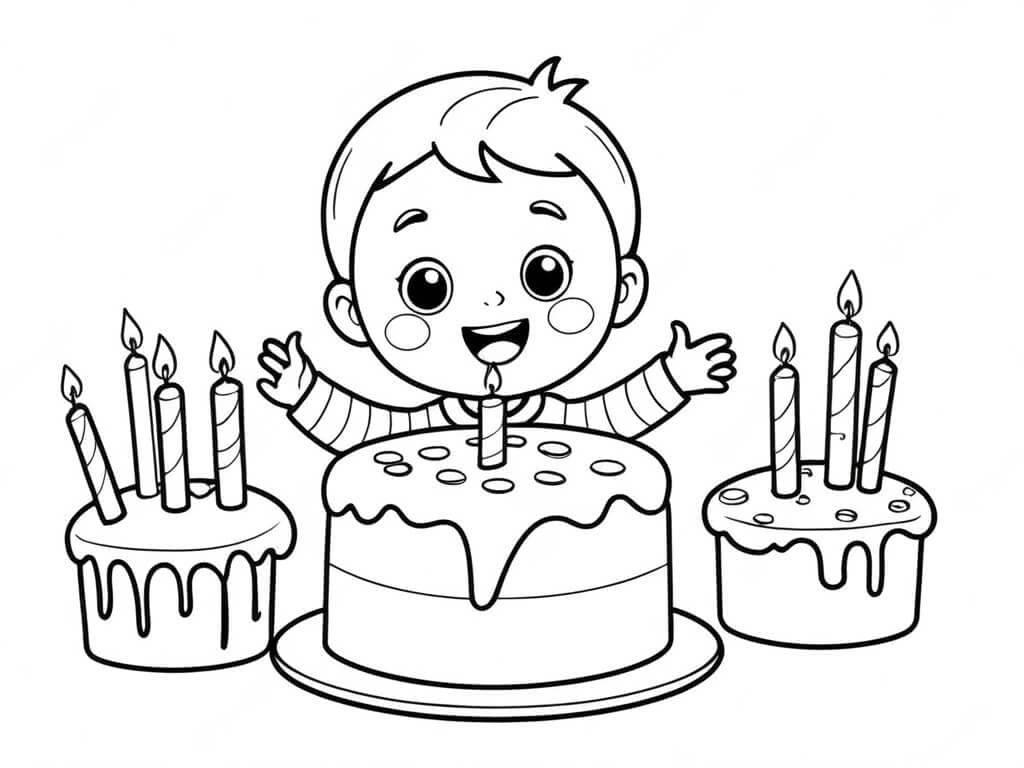 Bolo de aniversário e aniversariante para colorir