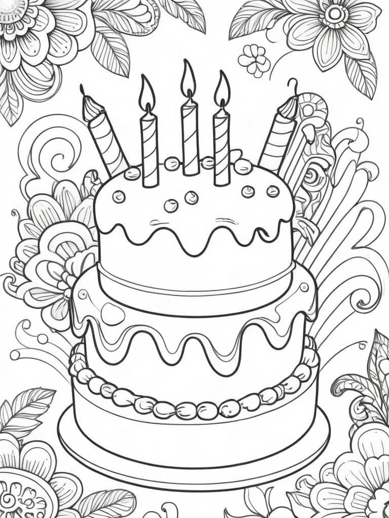 Bolo de aniversário flores para colorir