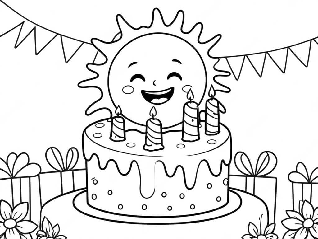 Bolo de aniversário sol para colorir