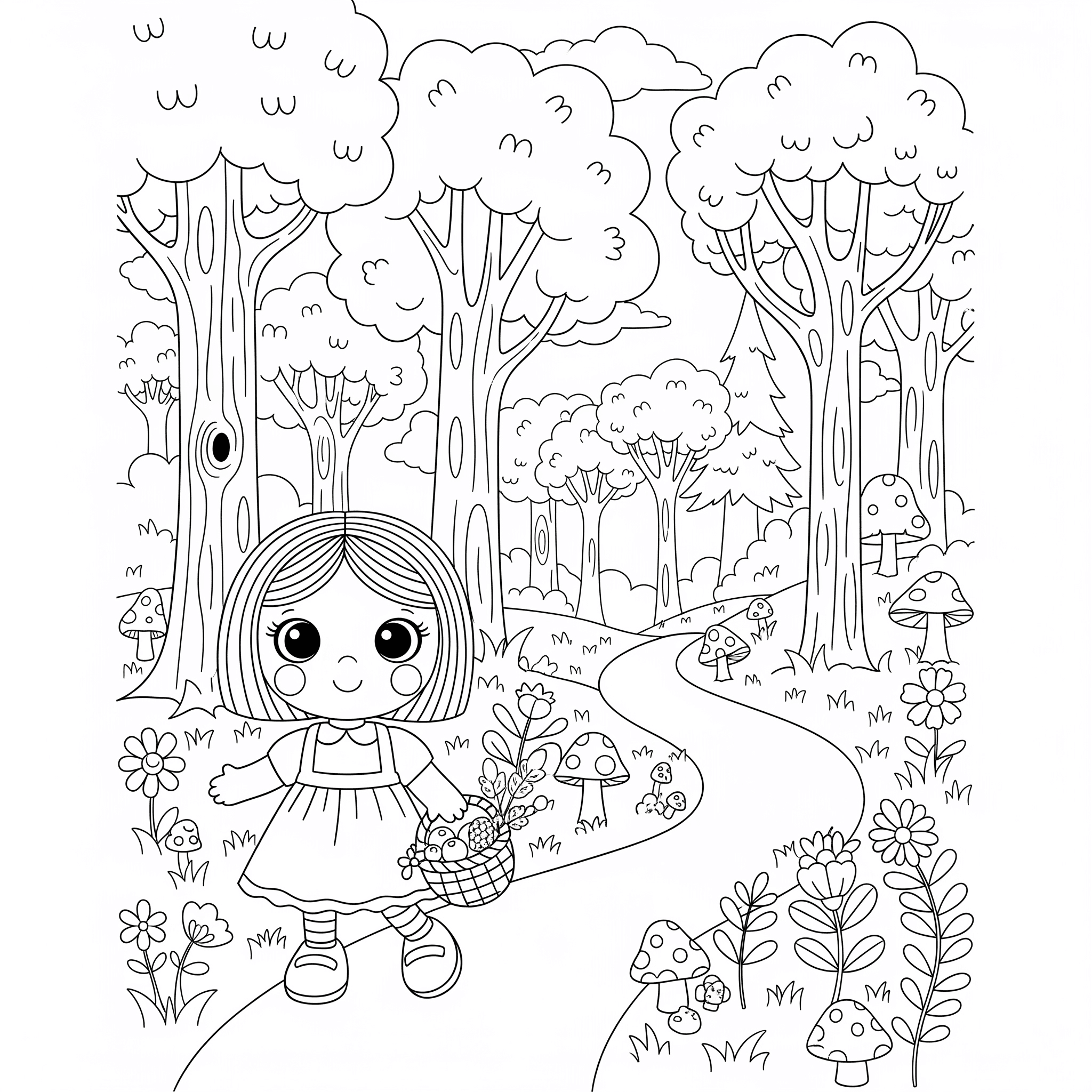 Boneca na floresta mágica para colorir