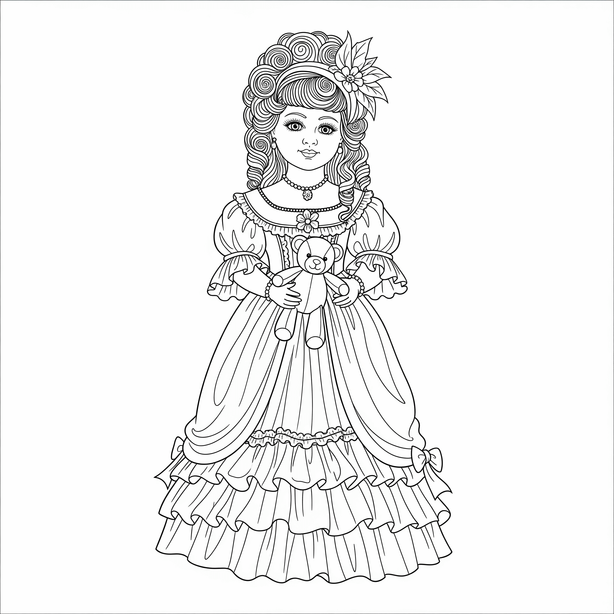 Boneca segurando ursinho para colorir