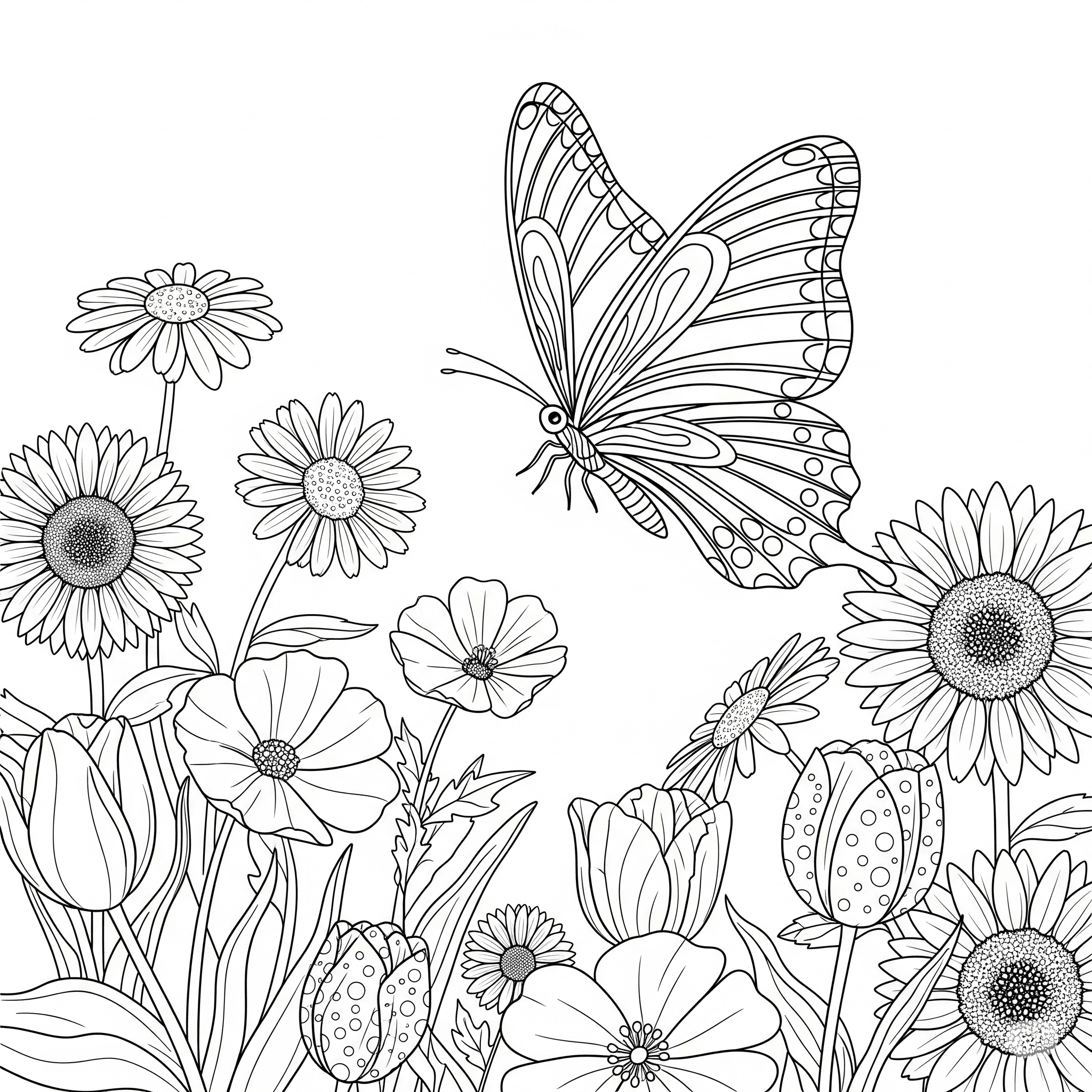 Borboleta no campo de flores para colorir