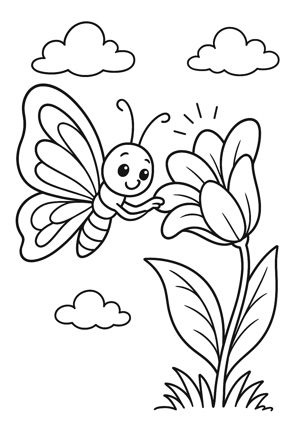 Borboleta cuidando de uma flor para colorir