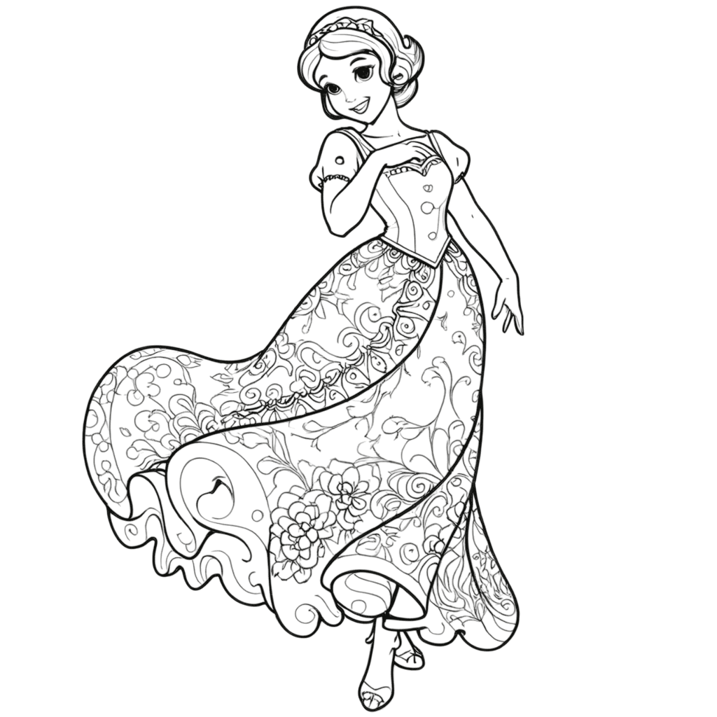 Branca de Neve com belo vestido para colorir