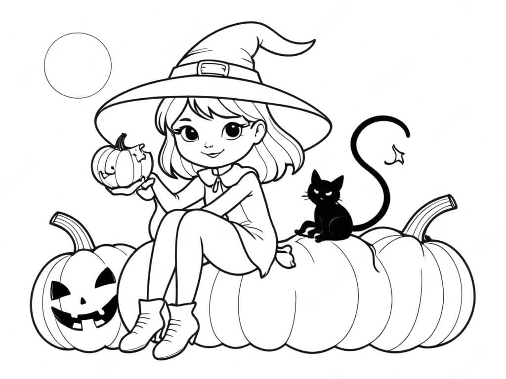 Bruxa, abóbora e gato preto para colorir