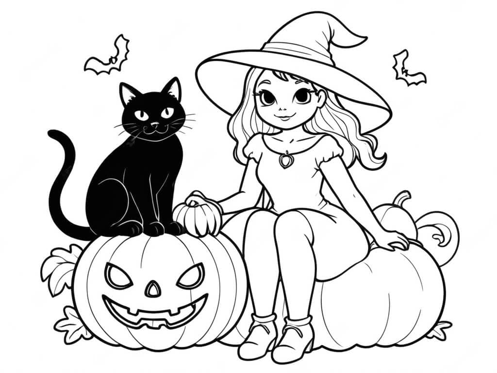 Bruxa e gato preto para colorir
