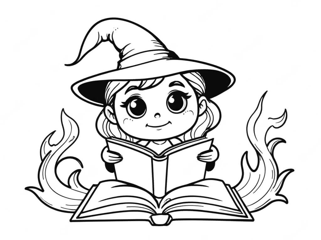 Bruxinha lendo um livro para colorir