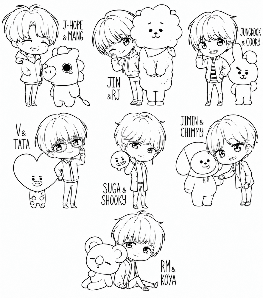BTS com personagens BT21 para colorir
