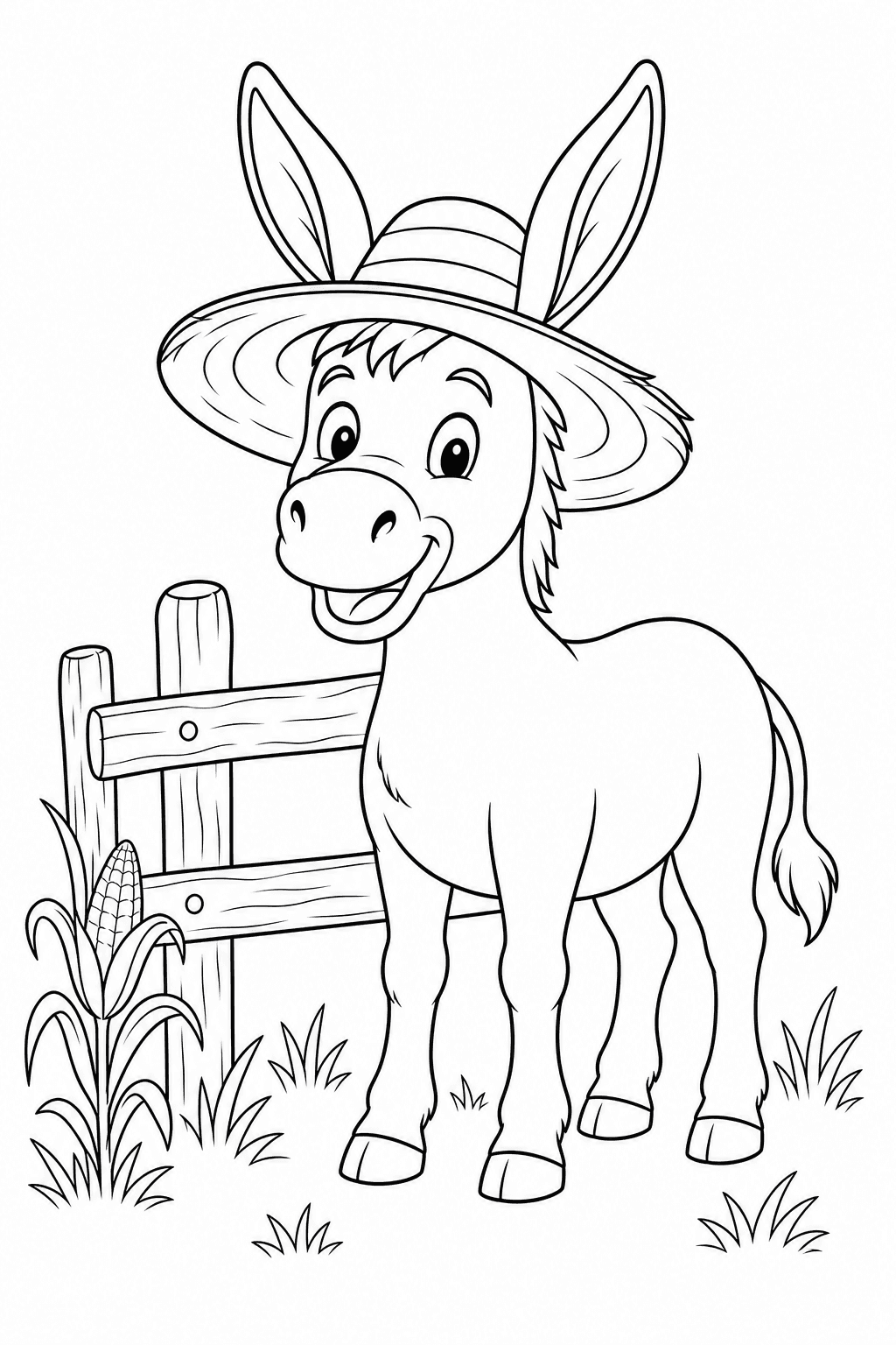 Burro com chapéu de palha para colorir