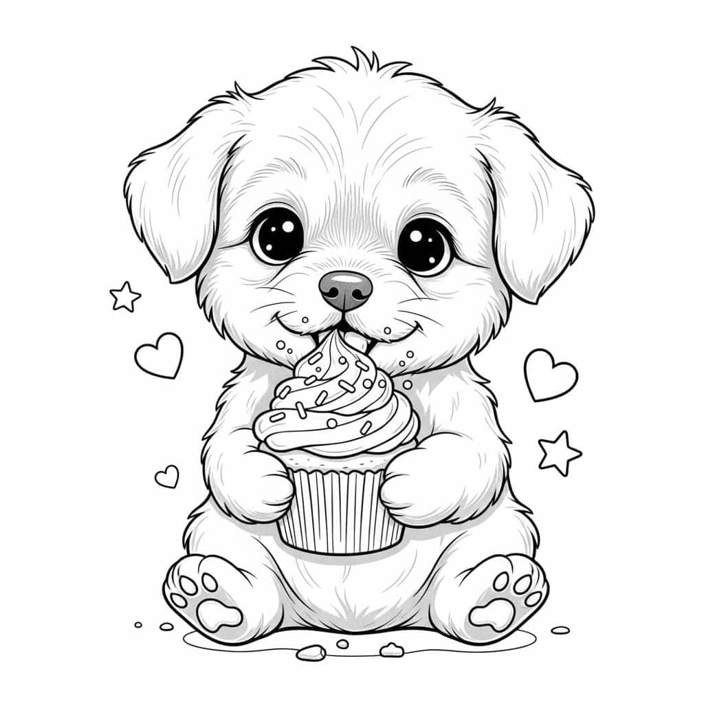 Cachorrinho fofo comendo cupcake para colorir