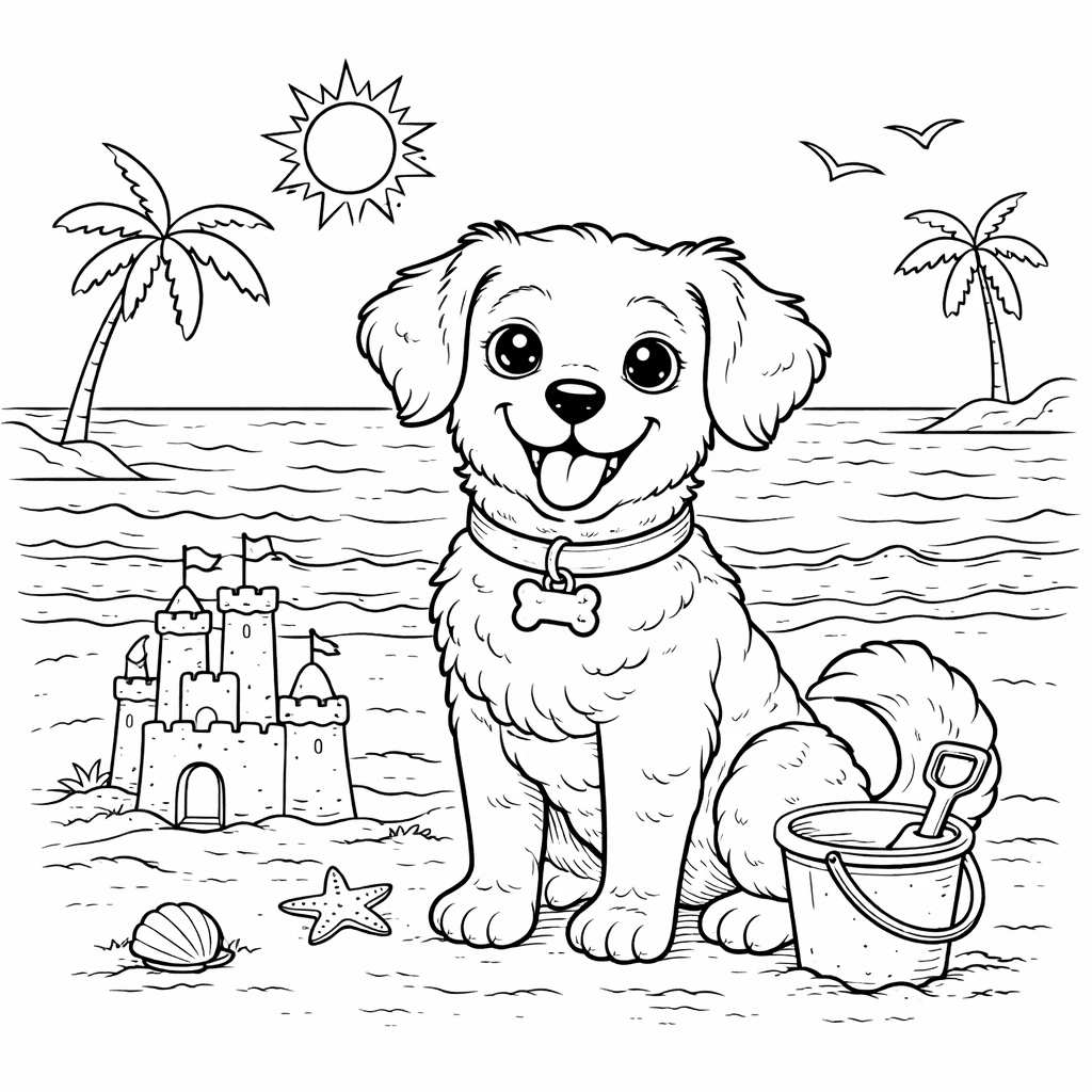 Cachorro na praia para colorir