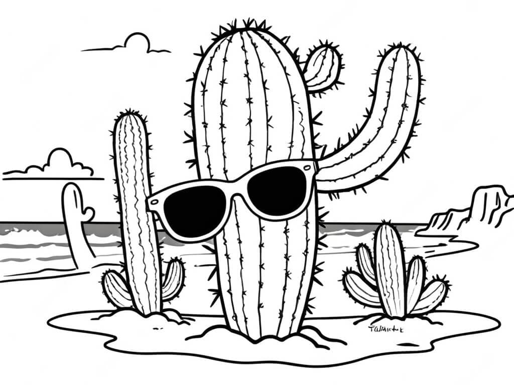 Cacto de óculos de sol na praia para colorir