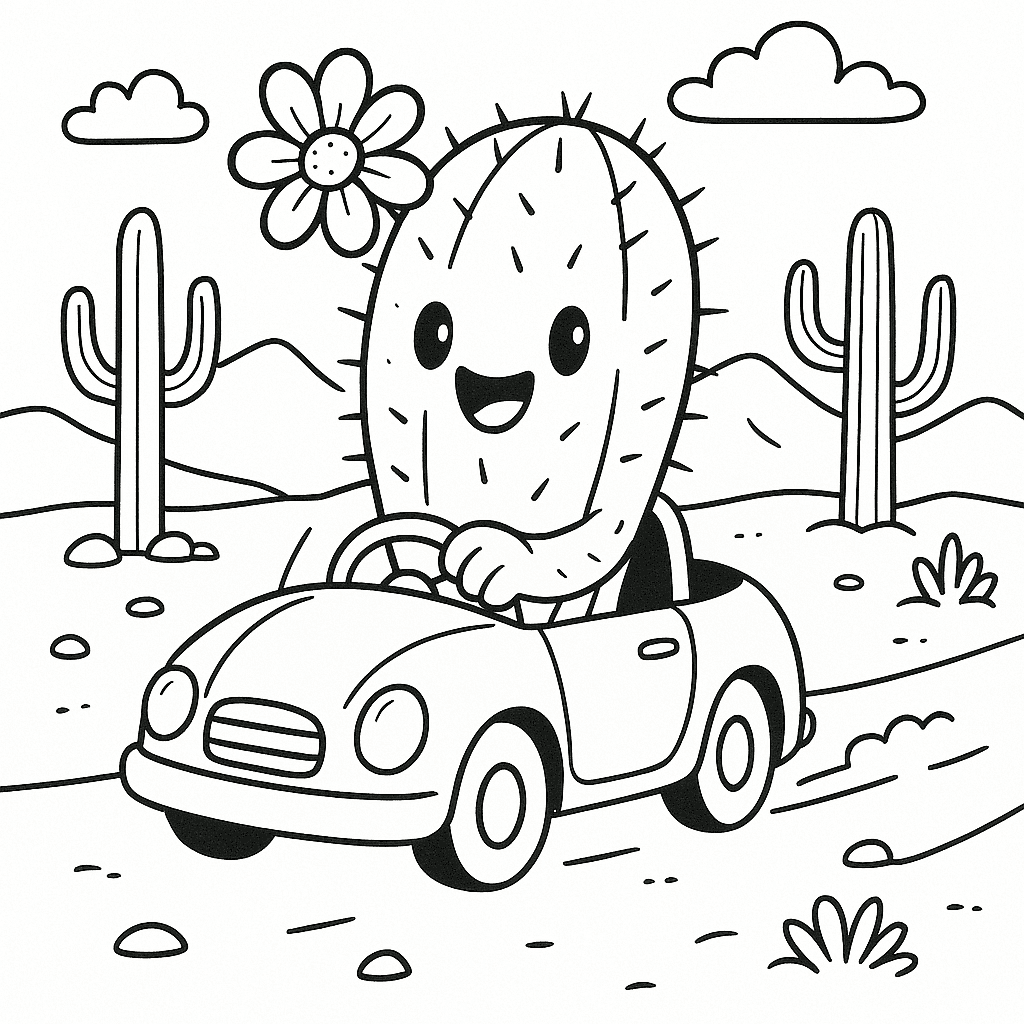 Cacto dirigindo um carro para colorir