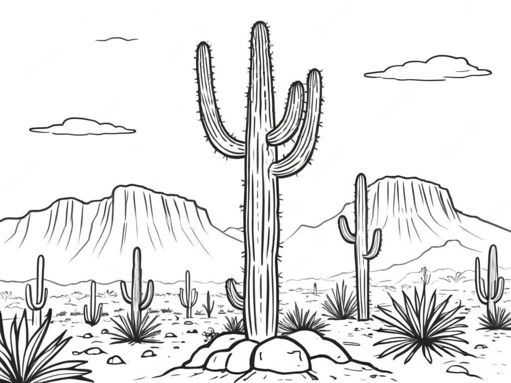 Cactos nas montanhas de areia para colorir