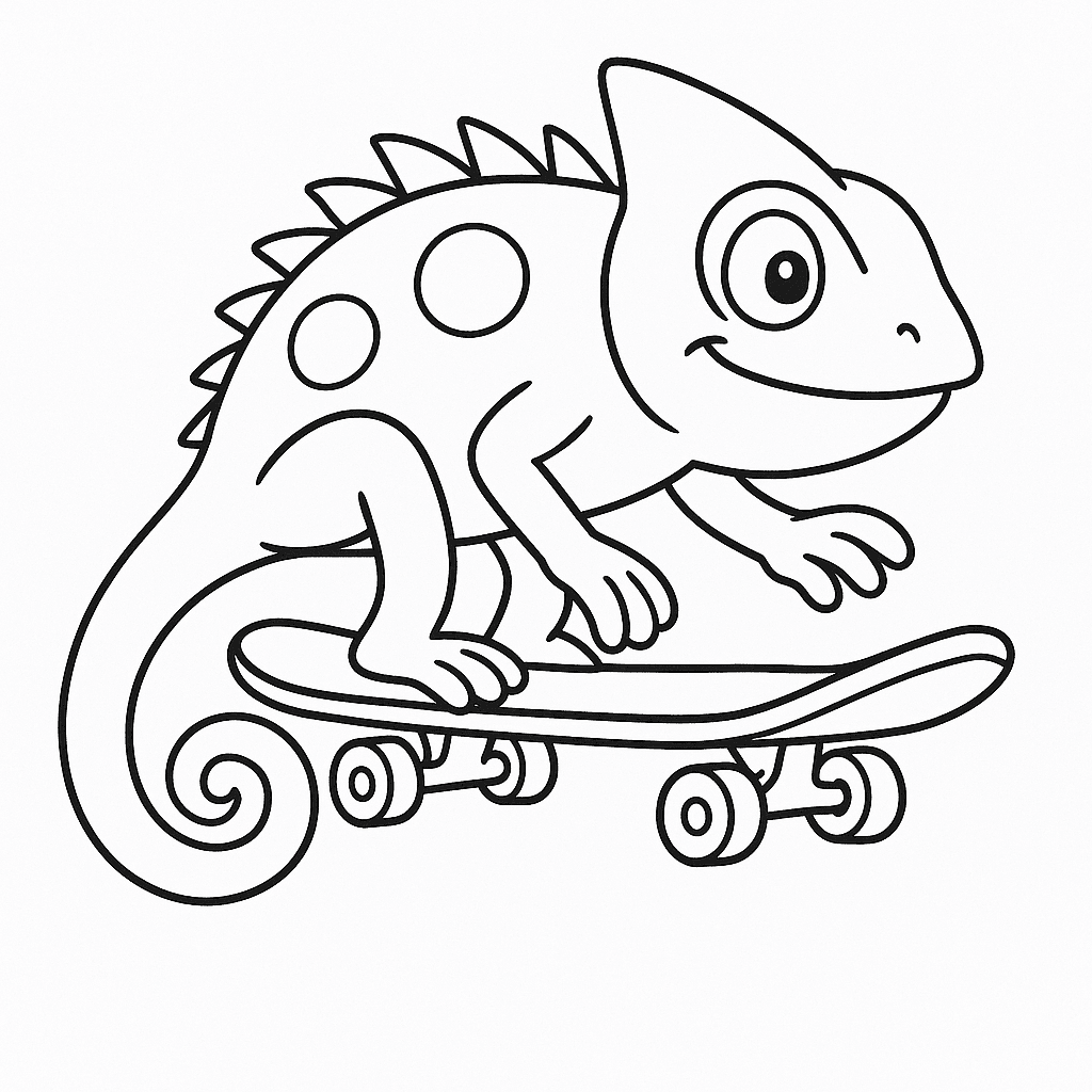 Camaleão andando de skate para colorir