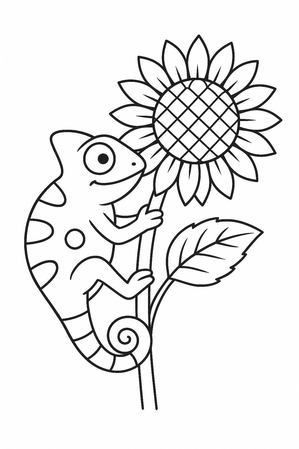 Camaleão subindo em girassol para colorir