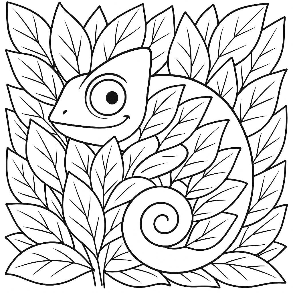 Camaleão escondido nas folhas para colorir