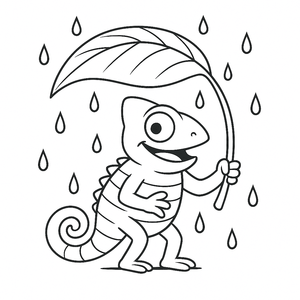 Camaleão na chuva para colorir
