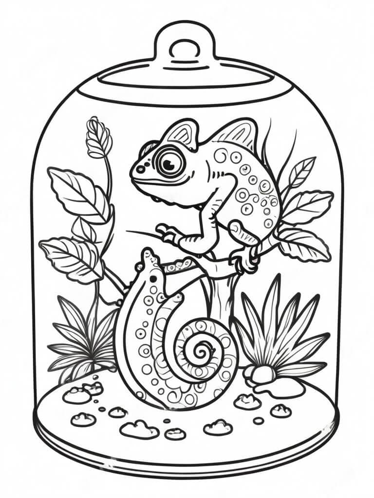 Camaleão trocando de pele no terrário para colorir