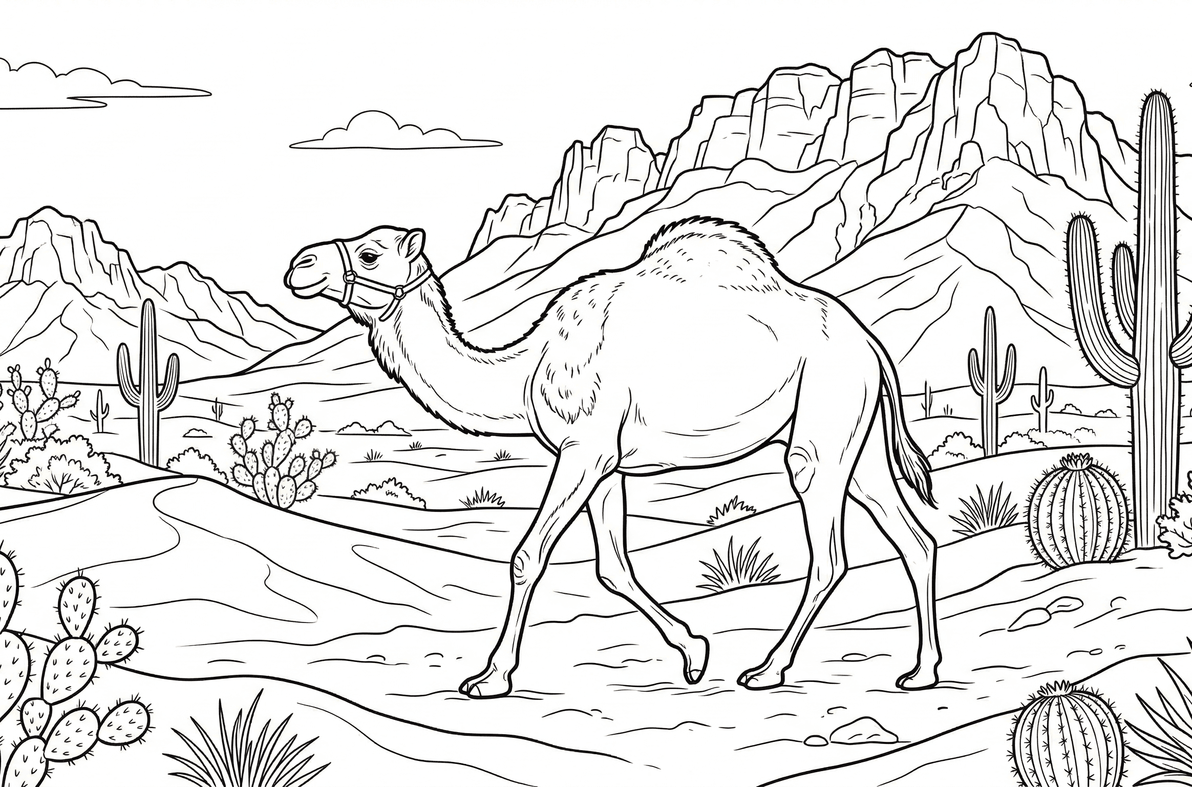 Camelo e cactos para colorir