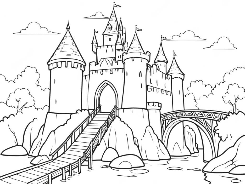 Castelo com ponte para colorir