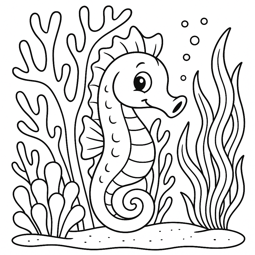 Cavalo-marinho e corais para colorir