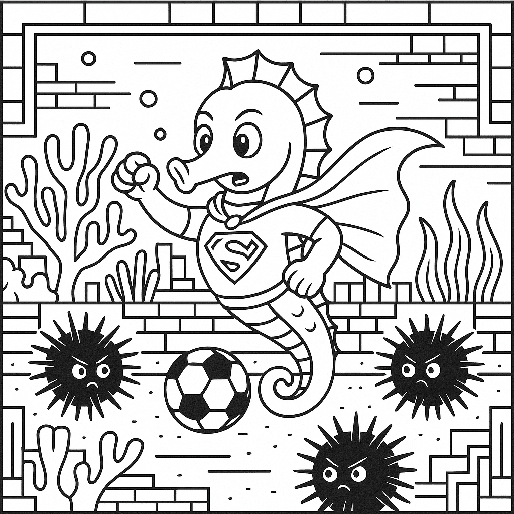 Super cavalo-marinho jogando futebol para colorir