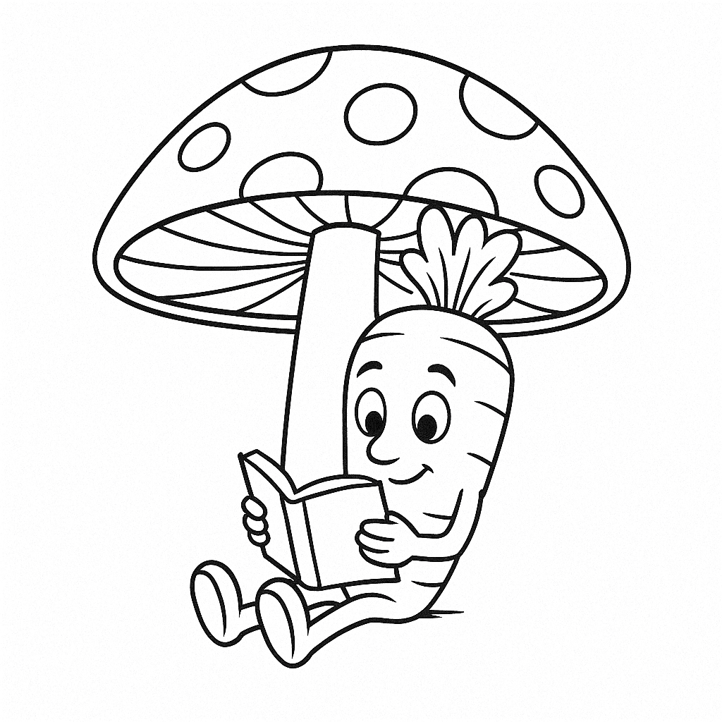 Cenoura lendo livro embaixo de cogumelo para colorir