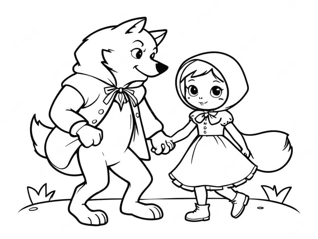 Chapeuzinho Vermelho andando com Lobo Mau para colorir