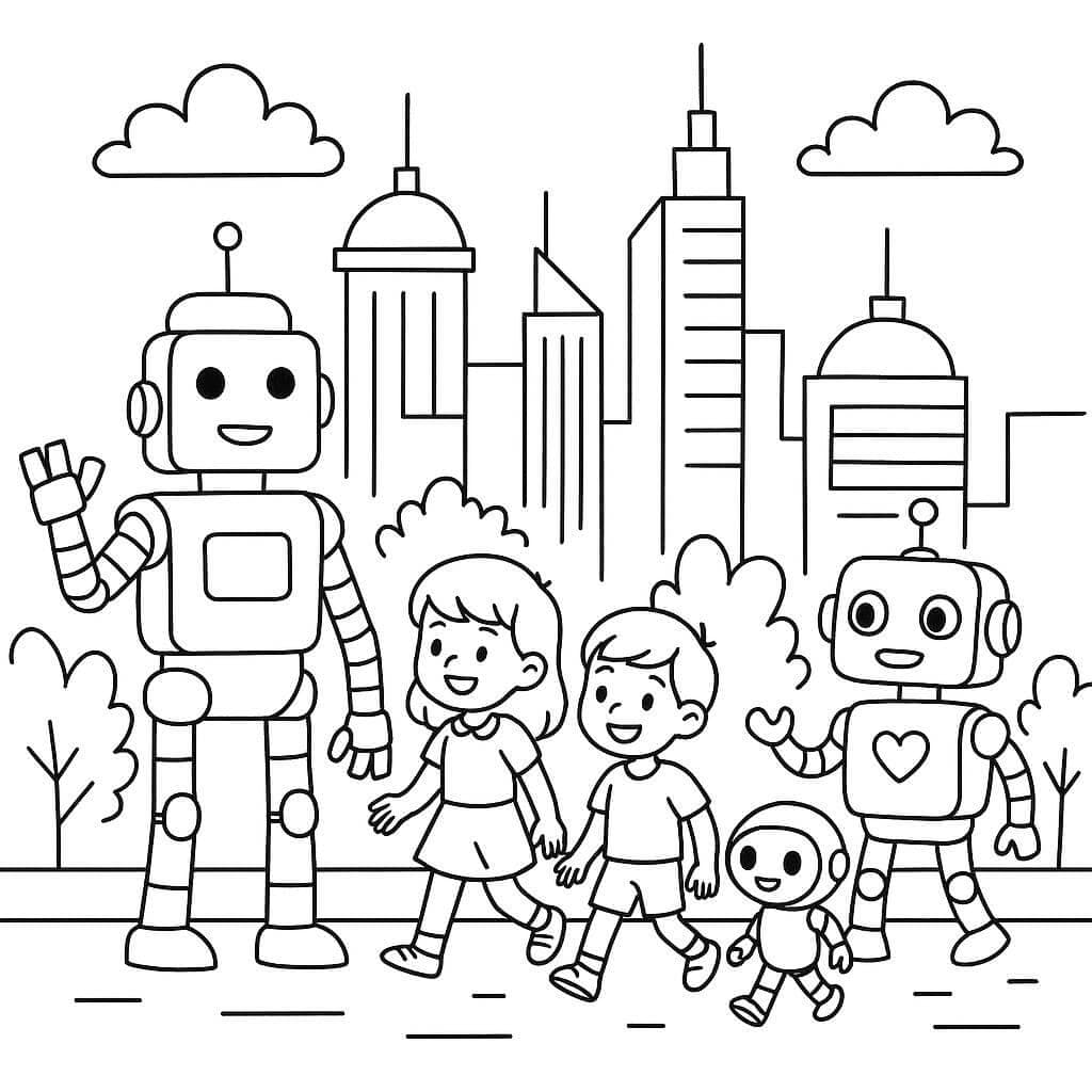 Cidade com robôs para colorir