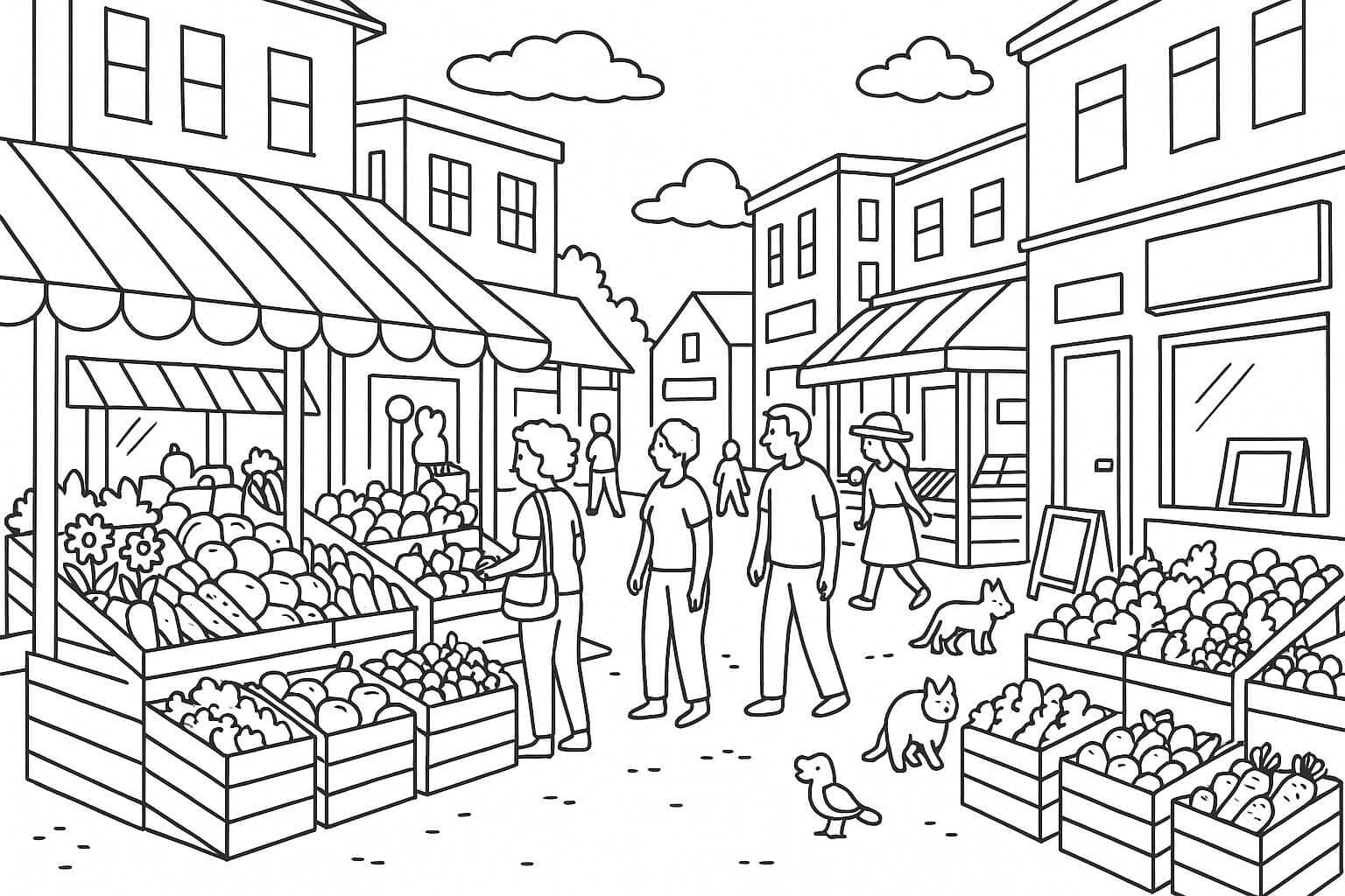 Mercado na cidade para colorir
