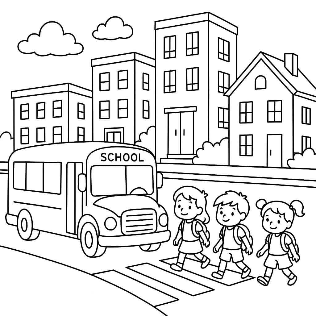 Ônibus escolar na cidade para colorir