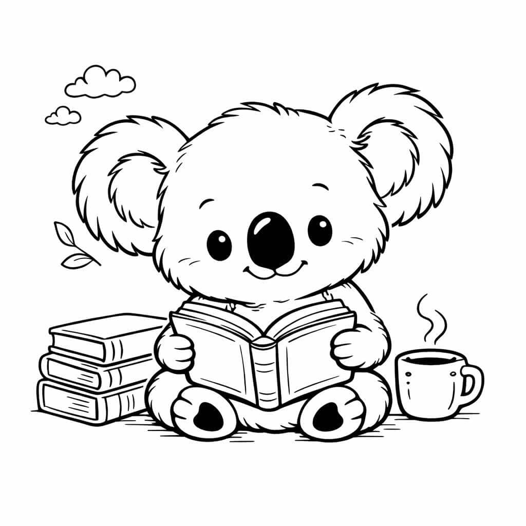 Coala leitor com café para colorir