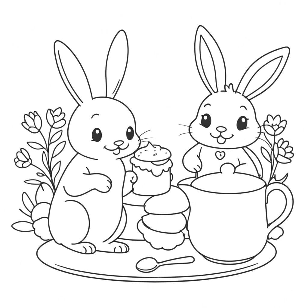 Coelhos tomando chá para colorir