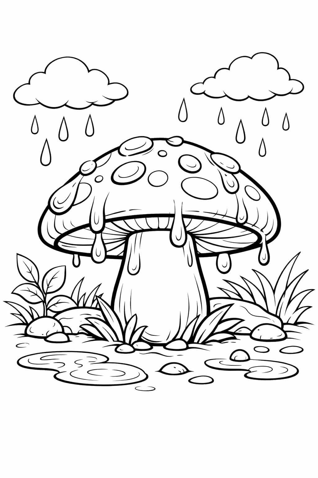 Cogumelo com gotas de chuva para colorir