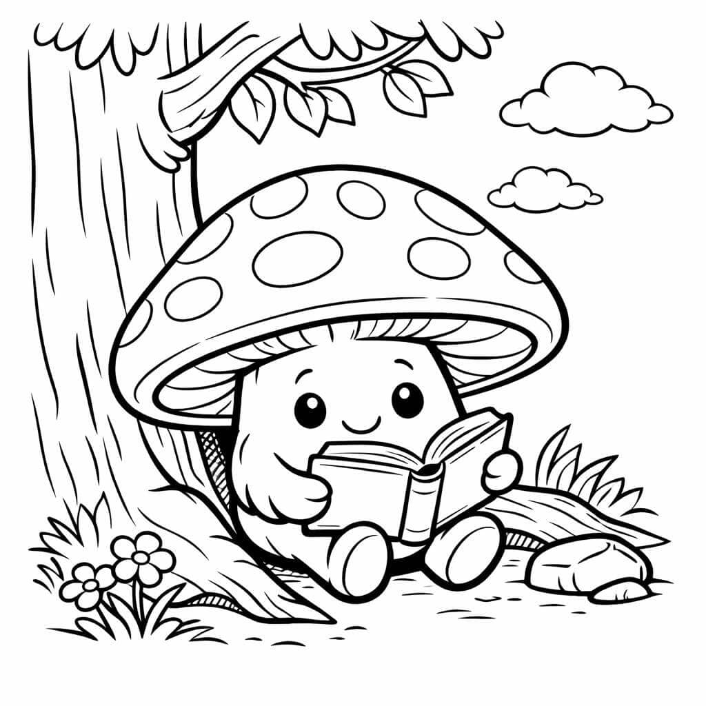 Cogumelo lendo livro para colorir
