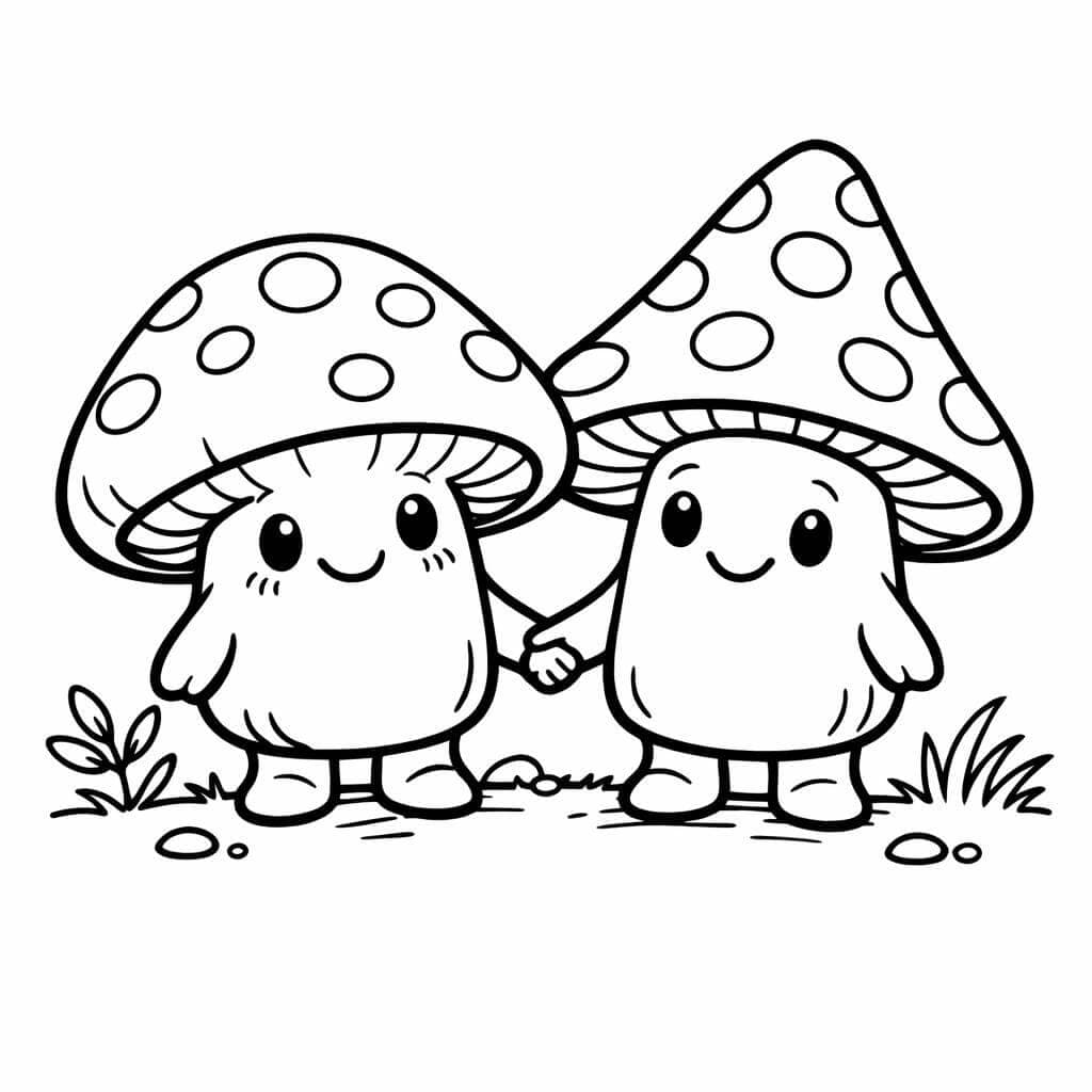 Dois cogumelos de mãos dadas para colorir