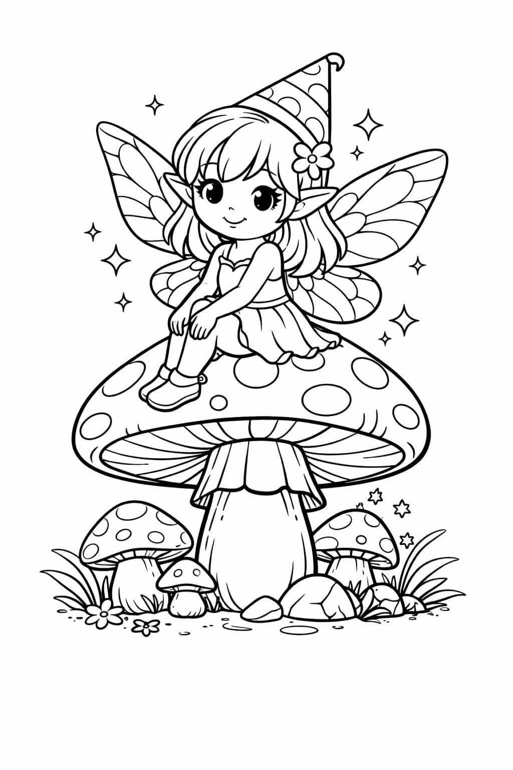 Fada sentada no cogumelo para colorir