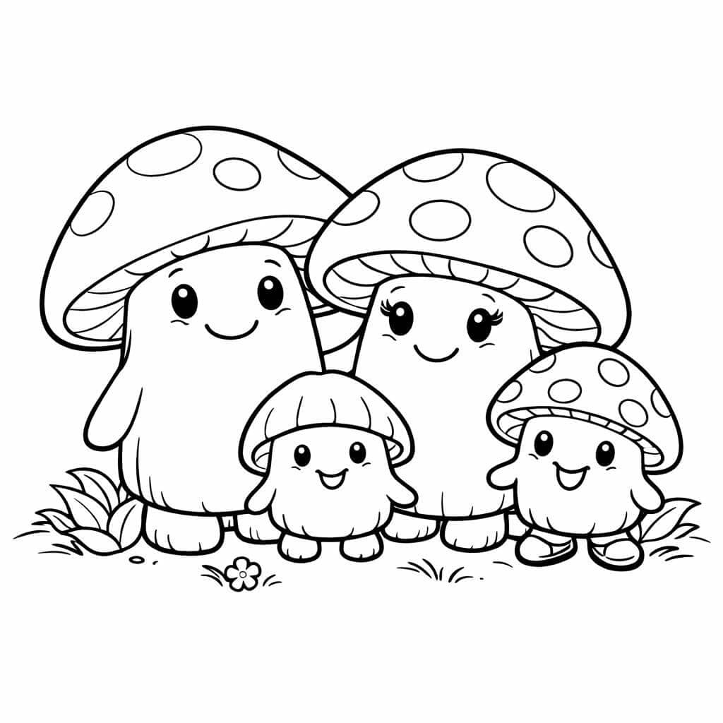 Família de cogumelos para colorir