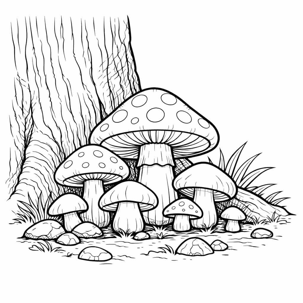 Grupo de cogumelos no tronco para colorir