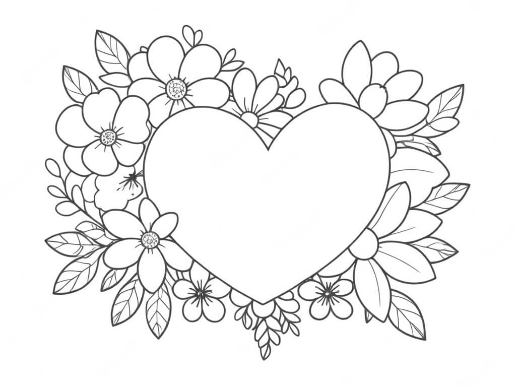 Coração e flores para colorir