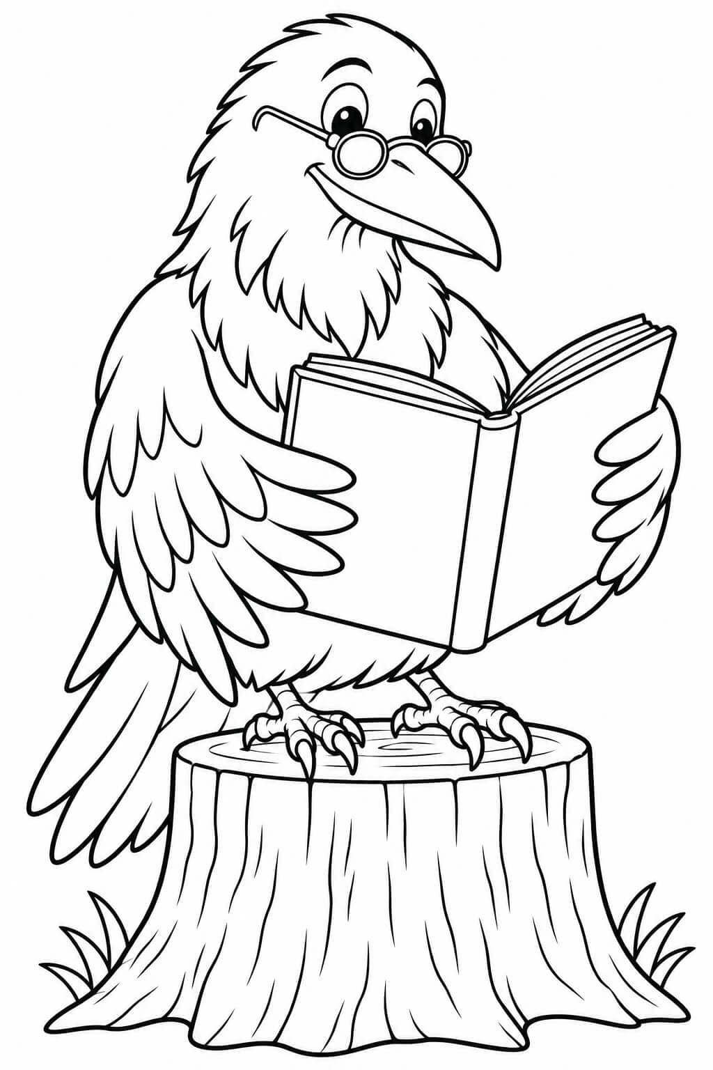 Corvo lendo um livro para colorir