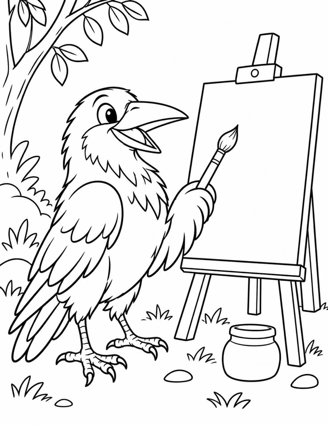 Corvo pintando um quadro para colorir