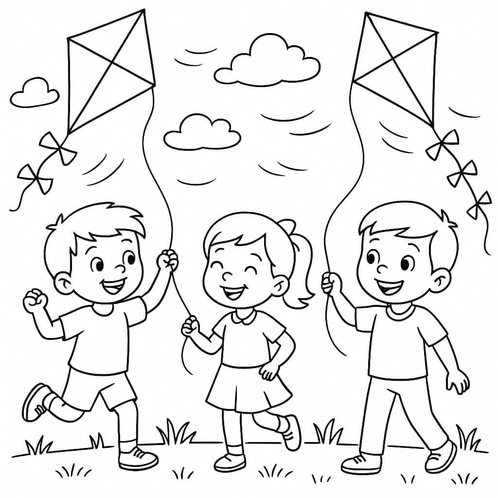 Crianças empinando pipas para colorir