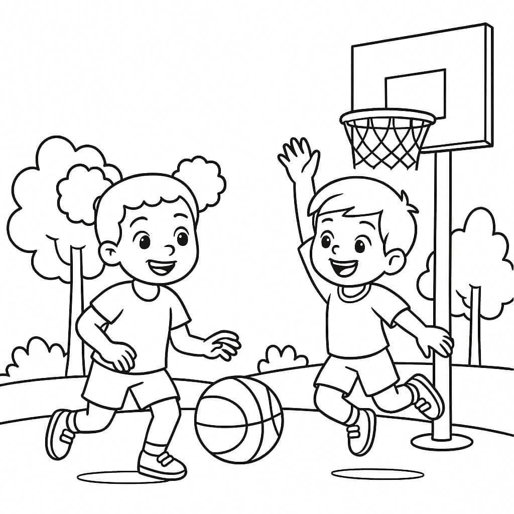 Crianças jogando basquete para colorir