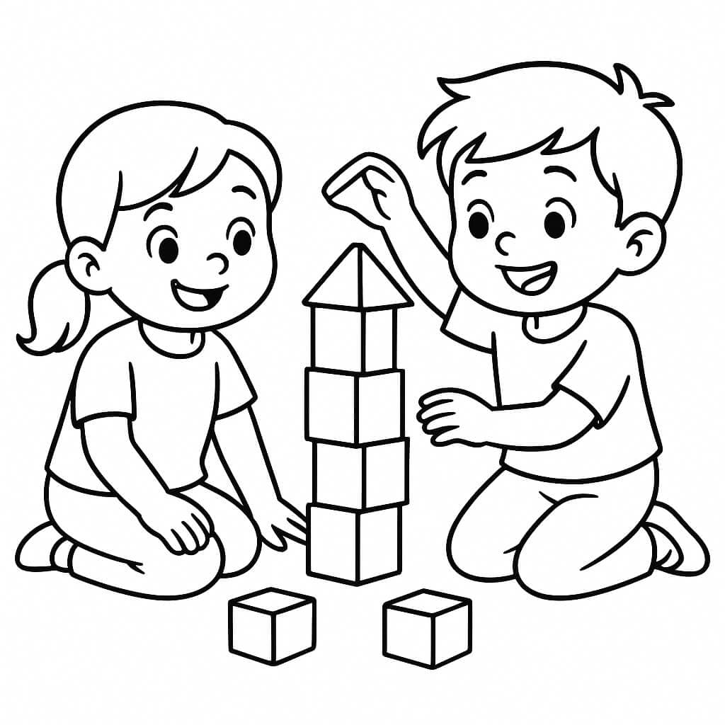 Crianças montando blocos para colorir