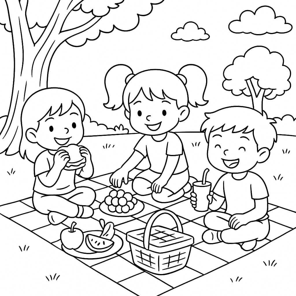 Crianças fazendo piquenique para colorir
